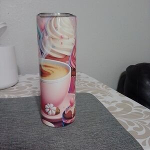 Pink Coffee Tumbler with Sweet Treats Design